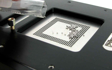 Pour appropriate size spheres onto foil tray